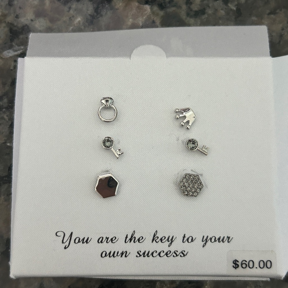 Silver Plated Earring Set with Key and Hexagon Designs